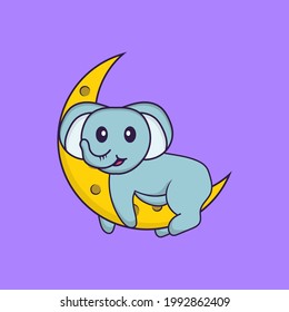 Cute elephant is on the moon. Animal cartoon concept isolated. Can used for t-shirt, greeting card, invitation card or mascot.