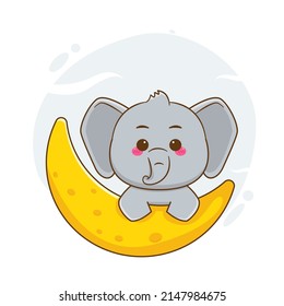 Cute elephant on the moon cartoon art illustration