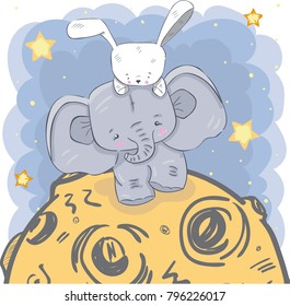 Cute elephant on the moon cartoon hand drawn vector illustration. Can be used for print t shirts baby, design print fashion socks kids, congratulations celebrations baby shower cards and invitations.