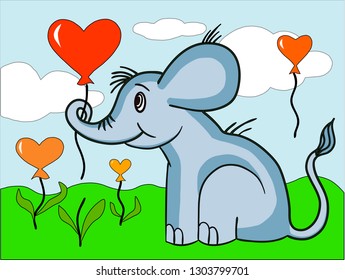 Cute elephant on nature background with balloons
