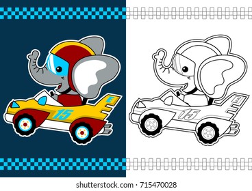 Cute elephant on racing car, vector cartoon. Coloring page or book