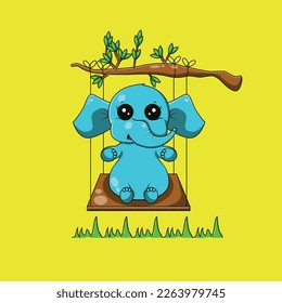 Un elefante lindo en un balancín. Diseño plano. Ilustración vectorial de un animal. Caricatura de elefantes.