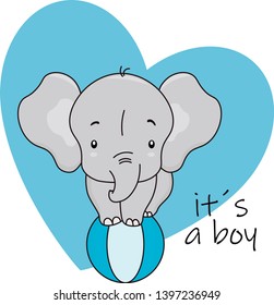 Cute elephant on top of a ball. Baby boy shower card.
