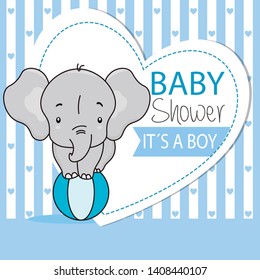 Cute elephant on top of a ball. Baby boy shower card.
