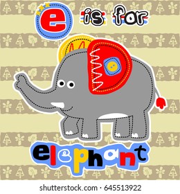 cute elephant on trees striped background, vector cartoon illustration