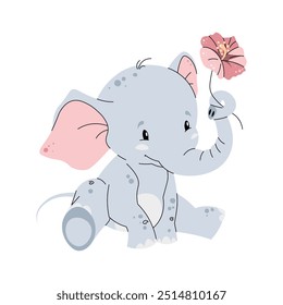 Cute elephant on white background. Cartoon african animal in flat style. Safari collection. Vector children's illustration for clothes, fabric, greeting cards, stickers, etc.