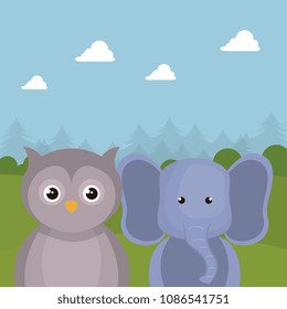 cute elephant and owl in the field landscape characters