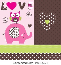 cute elephant and owl love card vector illustration