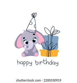 Cute elephant in a party cap with gift. Vector print for children room, fabric, paper, greeting card, postcard, card, t shirt, poster, textile. Vector illustration. Happy birthday card. 