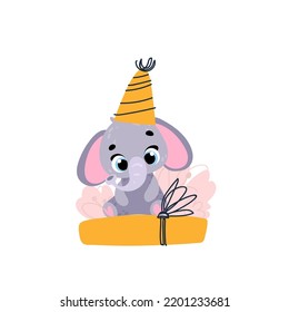 Cute elephant in a party cap with gift. Vector print for children room, fabric, paper, greeting card, postcard, card, t shirt, poster, textile. Vector illustration. Happy birthday card. 