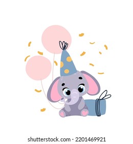 Cute elephant in a party cap with gift. Vector print for children room, fabric, paper, greeting card, postcard, card, t shirt, poster, textile. Vector illustration. Happy birthday card. 
