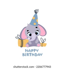 Elefanten in einer Partykappe mit Geschenk ausloten. Vektorgrafik für Kinderzimmer, Stoff, Papier, Grußkarte, Postkarte, Karte, T-Shirt, Poster, Textilien. Vektorgrafik. Herzlichen Glückwunsch zur Geburtstagskarte. 
