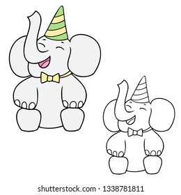 Cute elephant with a party hat and a bow tie on the white background, coloring character, isolated vector safari animal, children cartoon illustration, element for greeting card, invitation, birthday