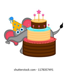 Cute elephant with a party hat and a cake