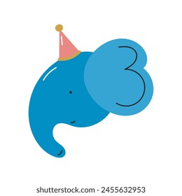 Cute elephant in party hat. Flat cartoon vector illustration isolated on white background. For birthday, party, card, printing.