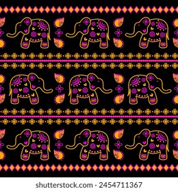 Cute elephant pattern on black background. Vector illustration