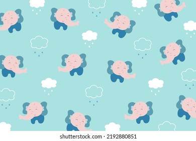 Cute elephant pattern with white clound isolate on blue background. Creative for print, screen, wallpaper, textile or cover.Vector.Illuatration.