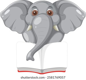 Cute elephant peeking over an open book