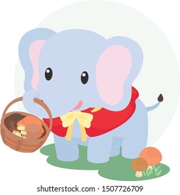 Cute Elephant Picking up Mushrooms