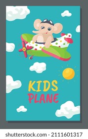 Elefantenflieger, der auf dem Flugzeug fliegt, Kinderplakatvorlage - flache Vektorgrafik. Der sonnige kindliche Charakter. Konzept von Abenteuer und Reise.