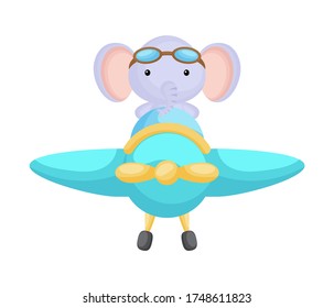 Cute elephant pilot wearing aviator goggles flying an airplane. Graphic element for childrens book, album, scrapbook, postcard, game. Flat vector stock illustration isolated on white background.