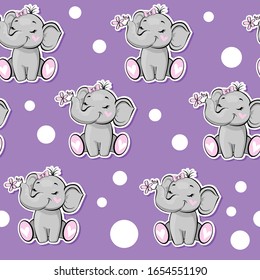 Cute elephant with a pink flower on a purple background seamless pattern. Vector illustration for children