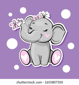 Cute elephant with a pink flower on a purple background. Vector illustration for children. Newborn concept