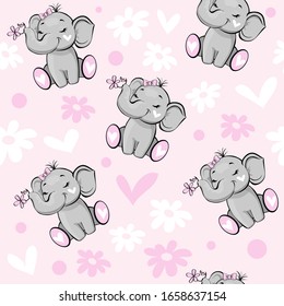 Cute elephant with a pink flower on a pink background seamless pattern. Vector illustration for children. Concept baby