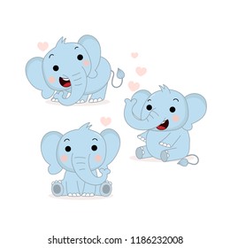Cute elephant and pink heart vector. Animal wildlife character set.