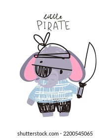 Cute elephant in pirate costume. Animal Pirate. Vector print for children room, fabric, paper, greeting card, postcard, card, t shirt, poster, textile. Vector illustration
