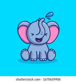 Cute Elephant Play Water Vector Icon Illustration. Elephant Mascot Cartoon Character. Animal Icon Concept White Isolated. Flat Cartoon Style Suitable for Web Landing Page, Banner, Flyer, Sticker, Card