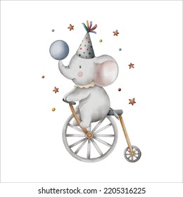 cute elephant playing ball circus carnival watercolor illustration with isolated background for kids and baby