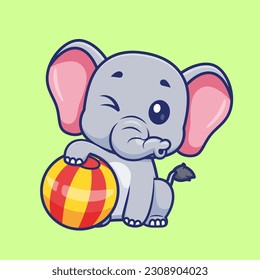 Cute Elephant Playing Ball Circus Cartoon Vector Icon Illustration. Animal Holiday Icon Concept Isolated Premium Vector. Flat Cartoon Style