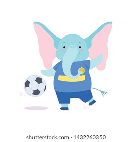 Cute Elephant Playing with Ball, Funny Animal Cartoon Character Soccer Player Vector Illustration