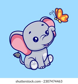 Cute Elephant Playing With Butterfly Cartoon Vector Icon Illustration. Animal Nature Icon Concept Isolated Premium Vector. Flat Cartoon Style