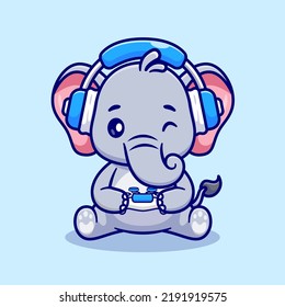 Cute Elephant Playing Game With Headphone Cartoon Vector Icon Illustration. Animal Technology Icon Concept Isolated Premium Vector. Flat Cartoon Style