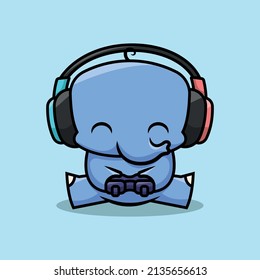 A CUTE ELEPHANT IS PLAYING GAME AND WEARING HEADPHONE. PREMIUM CARTOON VECTOR.