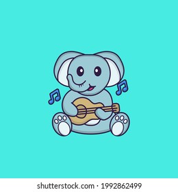 Cute elephant playing guitar. Animal cartoon concept isolated. Can used for t-shirt, greeting card, invitation card or mascot.