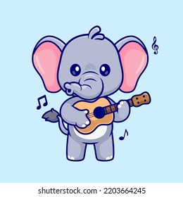 Cute Elephant Playing Guitar Cartoon Vector Icon Illustration. Animal Music Icon Concept Isolated Premium Vector. Flat Cartoon Style