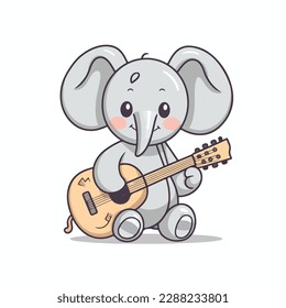 Cute Elephant Playing Guitar Cartoon Vector Icon Illustration. Animal Music Icon Concept Isolated Premium Vector. Flat Color