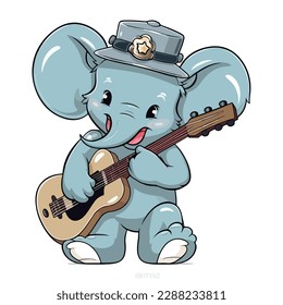 Cute Elephant Playing Guitar Cartoon Vector Icon Illustration. Animal Music Icon Concept Isolated Premium Vector. Flat Color