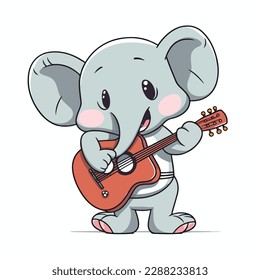 Cute Elephant Playing Guitar Cartoon Vector Icon Illustration. Animal Music Icon Concept Isolated Premium Vector. Flat Color