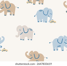 Cute elephant playing with his favorite car use in apparel textile,fabric print, wallpaper etc.