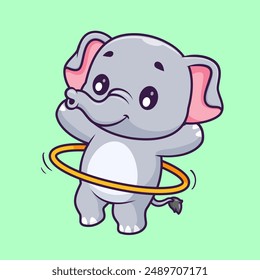 Cute Elephant Playing Hula Hoop Cartoon Vector Icon Illustration. Animal Sport Icon Concept Isolated Premium Vector. Flat Cartoon Style