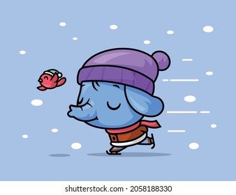 A CUTE ELEPHANT IS PLAYING ICE SKATING UNDER SNOWFALL WITH A BIRD.