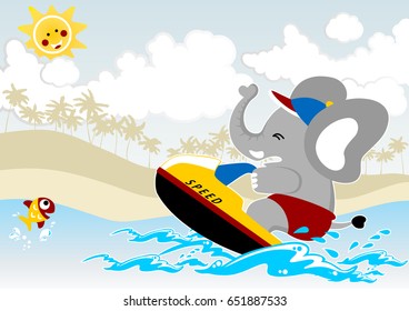 Cute elephant playing jet ski in the beach at summer holiday, little fish jump out from water, vector cartoon illustration