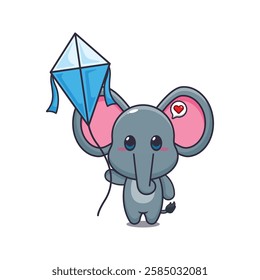 Cute elephant playing kite cartoon vector illustration. vector cartoon illustration suitable for poster, brochure, web, mascot, sticker, logo and icon.