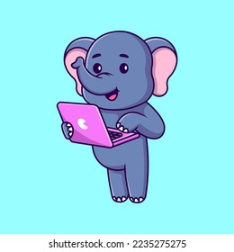 Cute Elephant Playing Laptop Cartoon Vector Icons Illustration. Flat Cartoon Concept. Suitable for any creative project.

