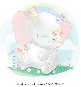 Cute elephant playing with little mouse