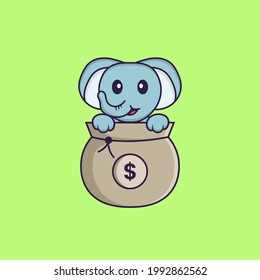 Cute elephant playing in money bag. Animal cartoon concept isolated. Can used for t-shirt, greeting card, invitation card or mascot.